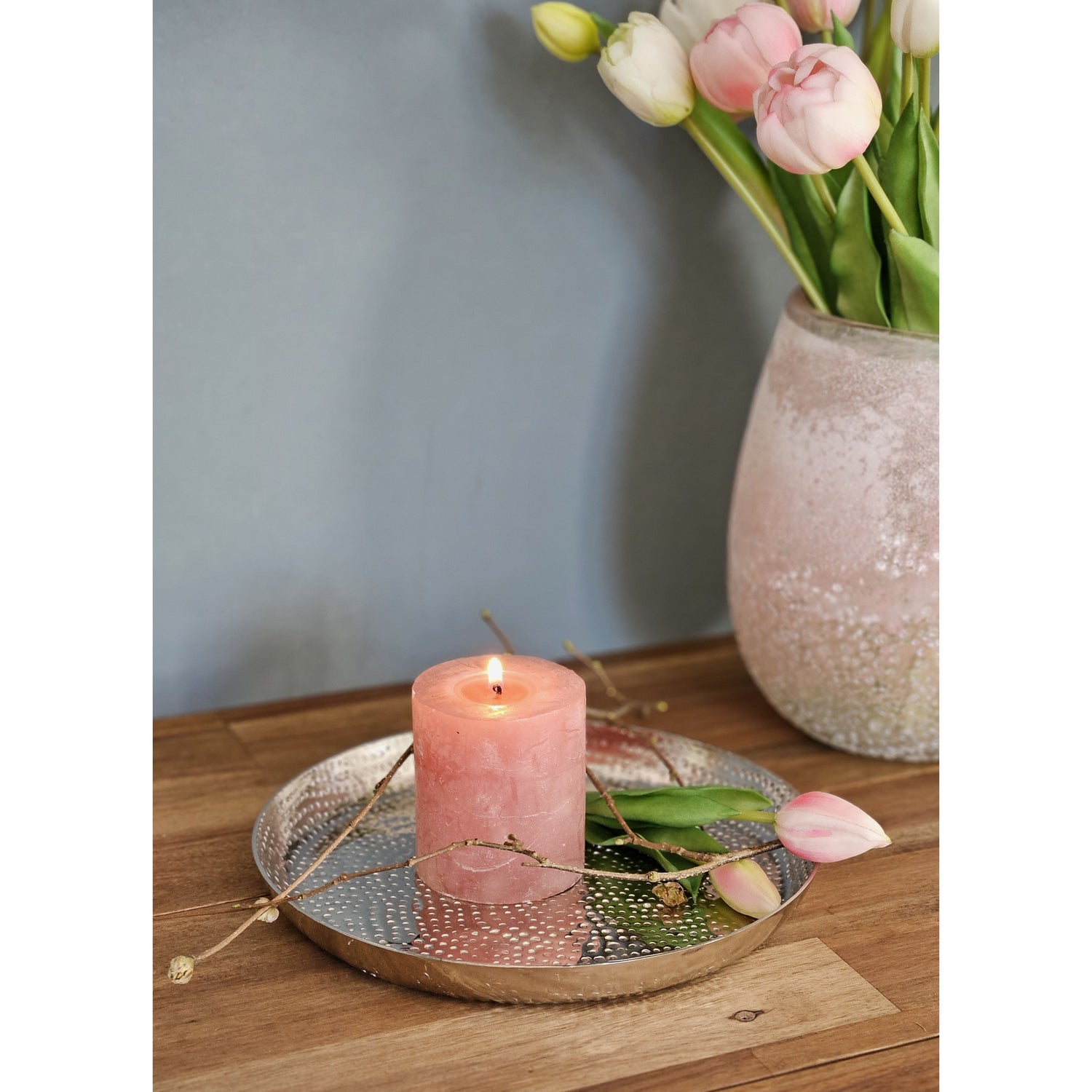 Decorative plate silver metal round hammered candle plate bowl Ø 23 cm