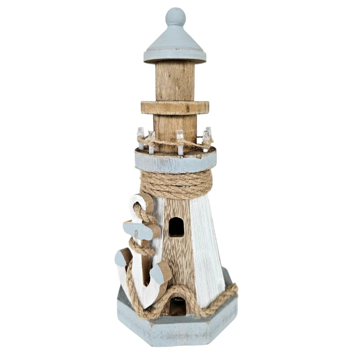Lighthouse illuminated wooden LED decoration maritime anchor beach sea H 24 cm
