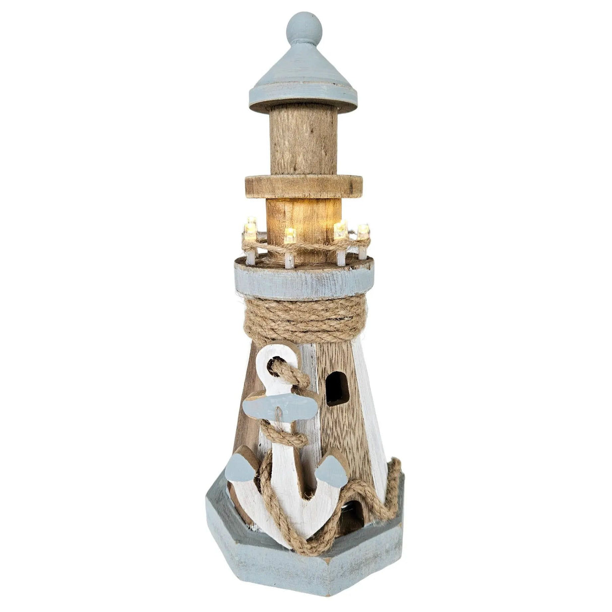 Lighthouse illuminated wooden LED decoration maritime anchor beach sea H 24 cm
