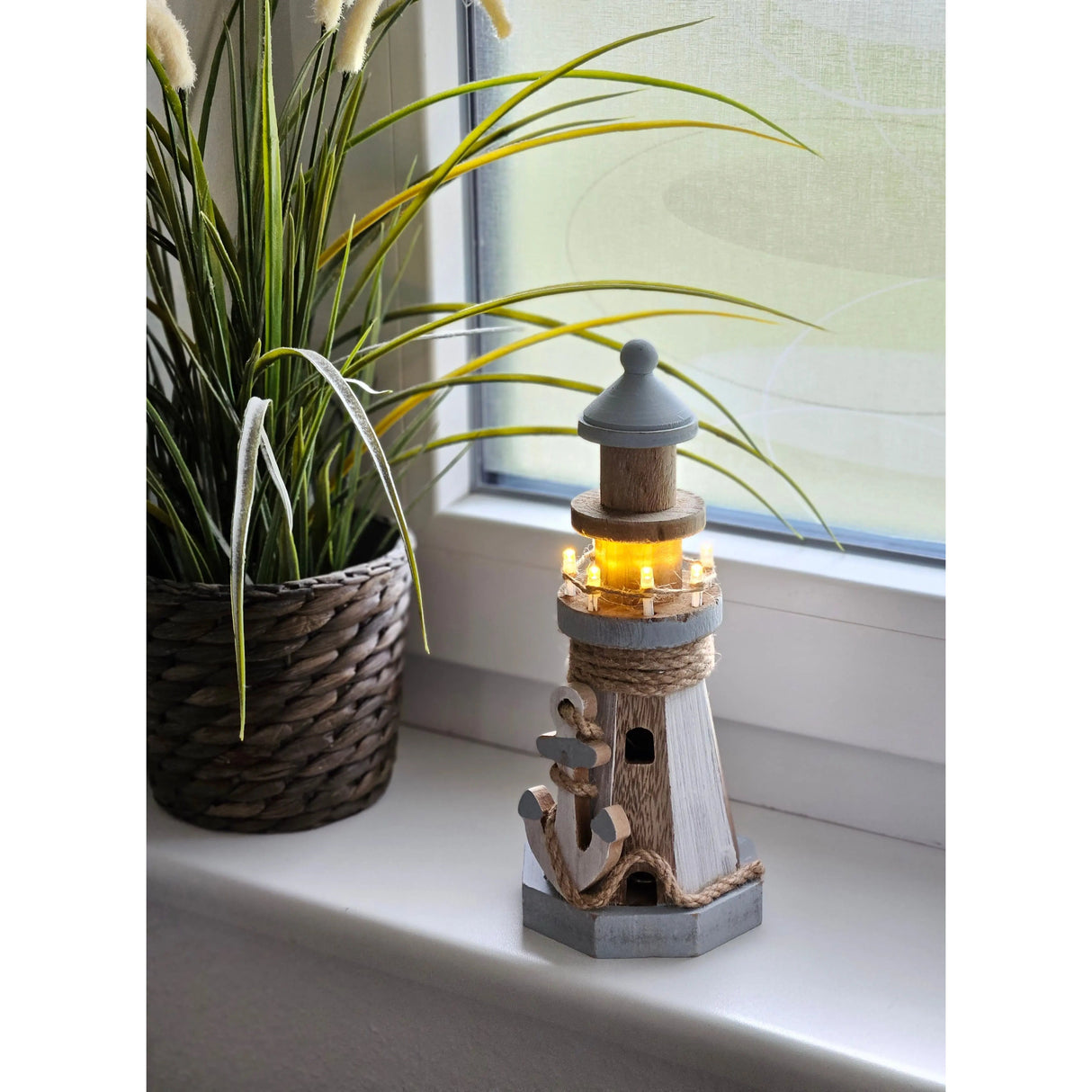 Lighthouse illuminated wooden LED decoration maritime anchor beach sea H 24 cm