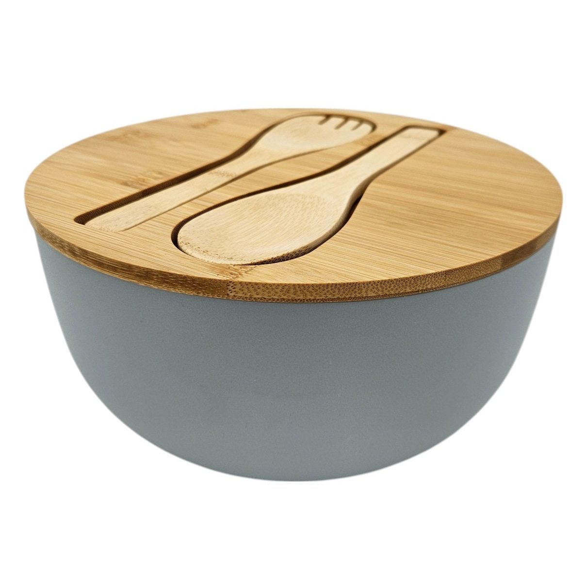 Salad bowl with cutlery bamboo grey 23 cm wooden salad cutlery grey