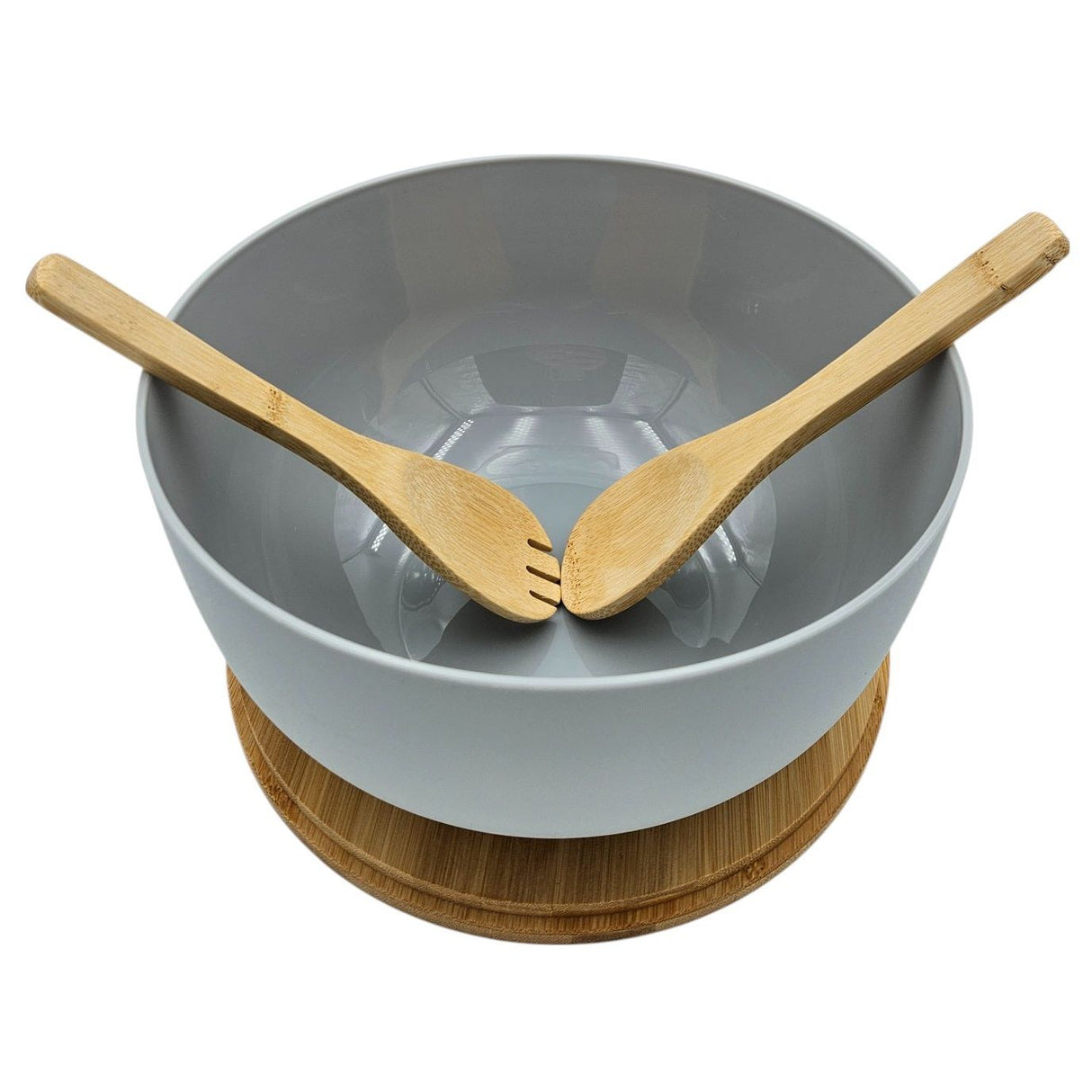 Salad bowl with cutlery bamboo grey 23 cm wooden salad cutlery grey