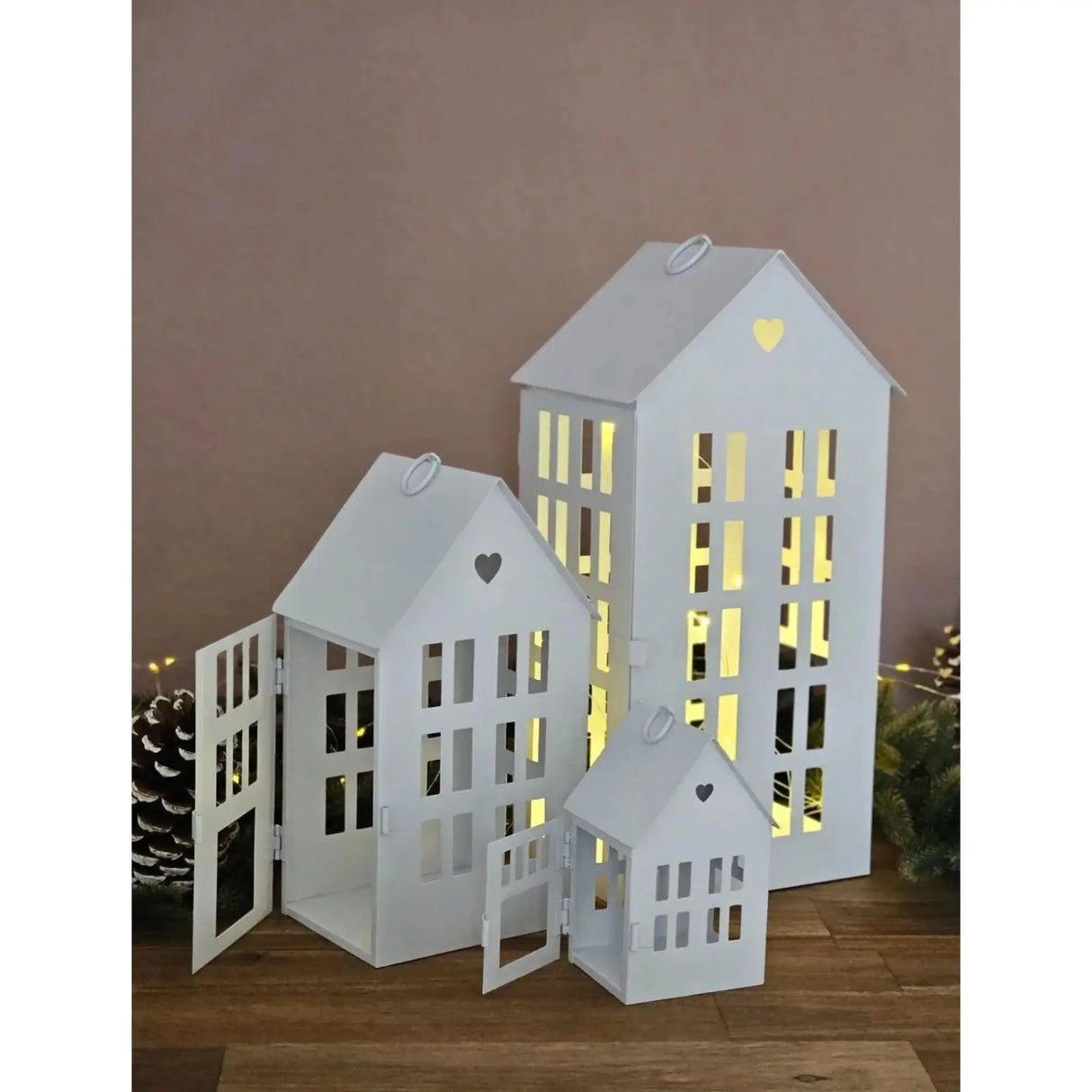 3 Laternenhäuser Windlicht Laternen Häuser Laterne Haus Metall weiß 3er SET - Windlicht Laternenhäuser