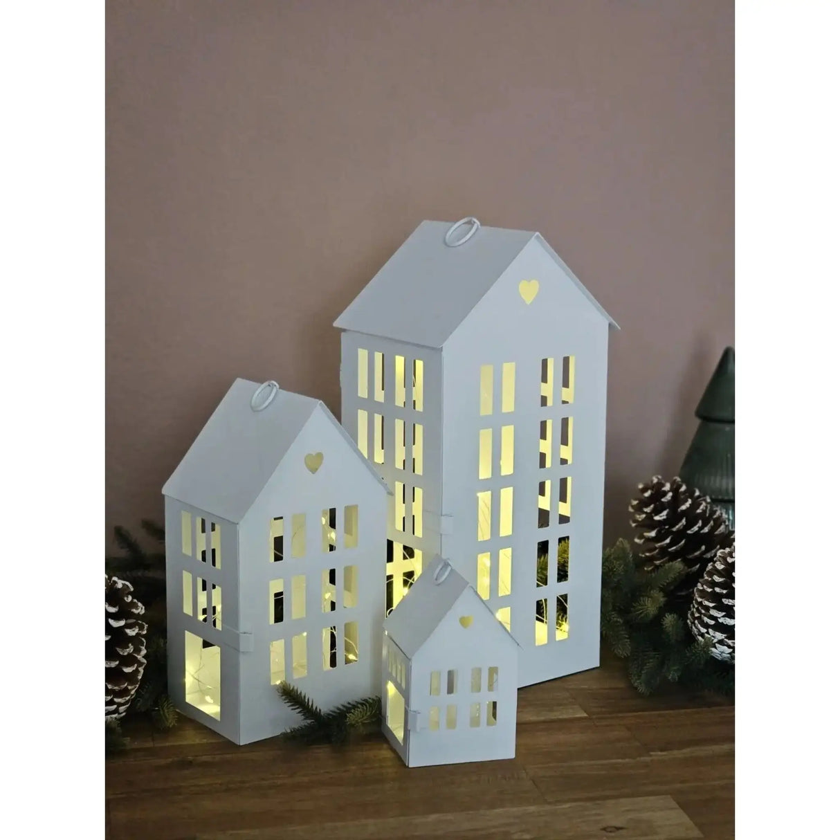 3 Laternenhäuser Windlicht Laternen Häuser Laterne Haus Metall weiß 3er SET - Windlicht Laternenhäuser