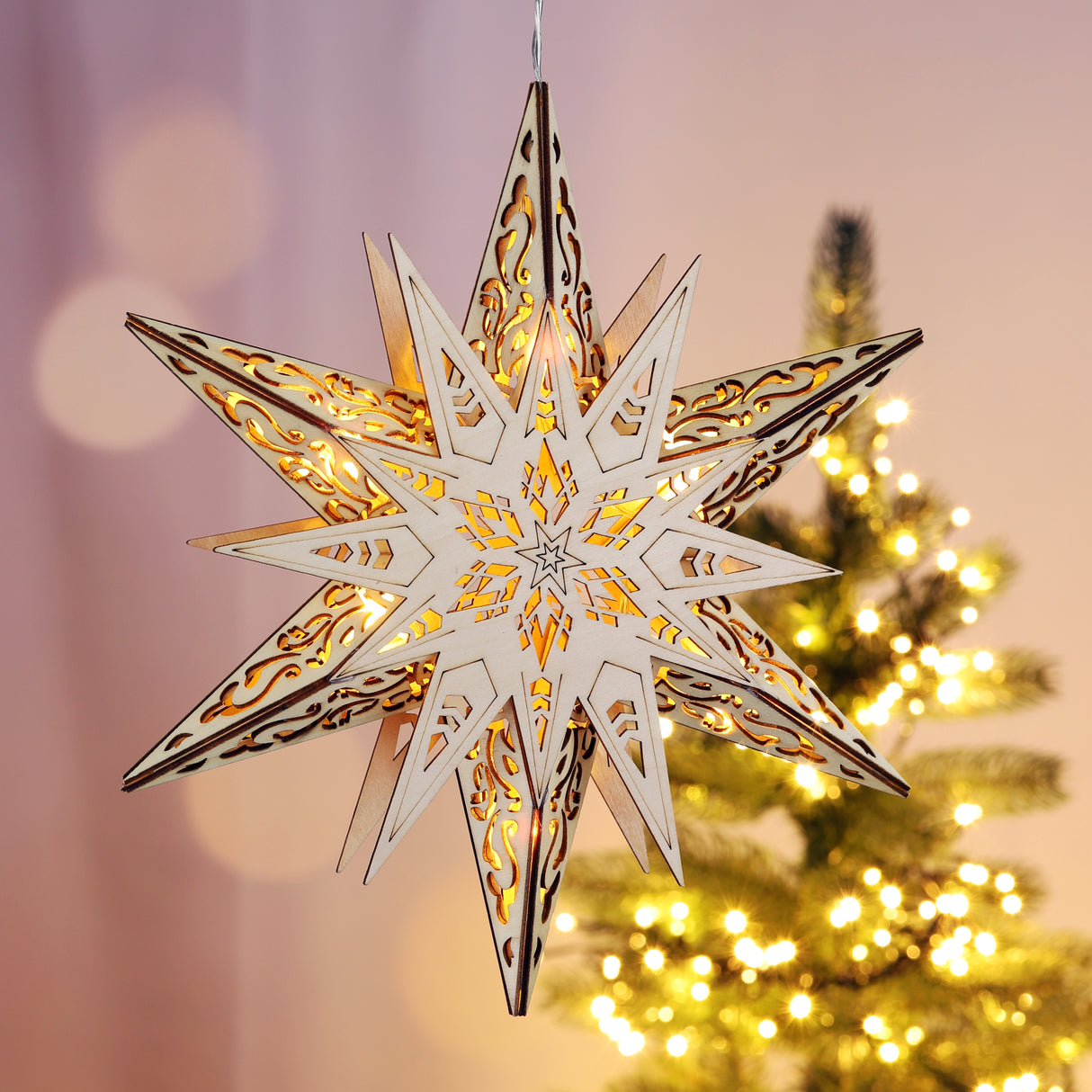 Christmas star wooden star Ø 30cm star wood Christmas window decoration LED warm white