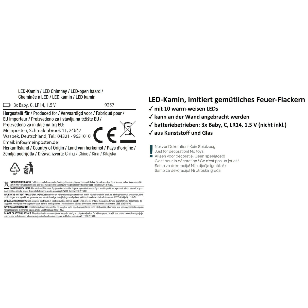 Decorative fireplace LED fireplace fire electric fireplace 60x20 cm