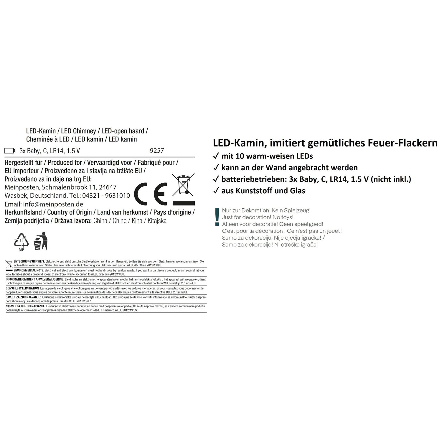 Decorative fireplace LED fireplace fire electric fireplace 60x20 cm