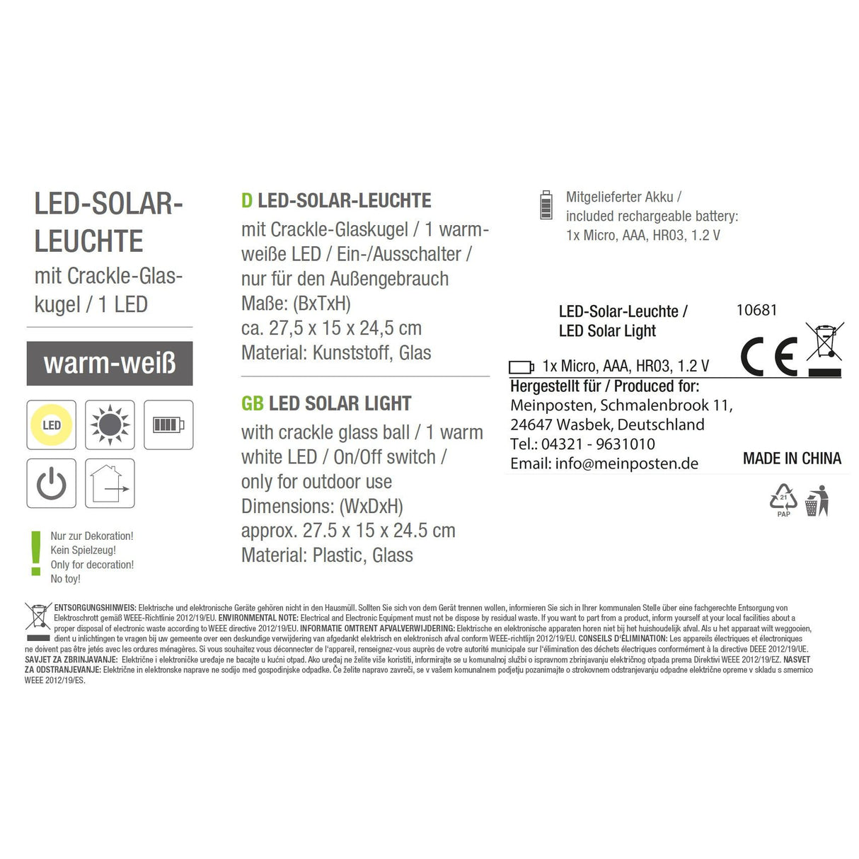 Solar light MALI solar lamp warm white garden balcony lantern