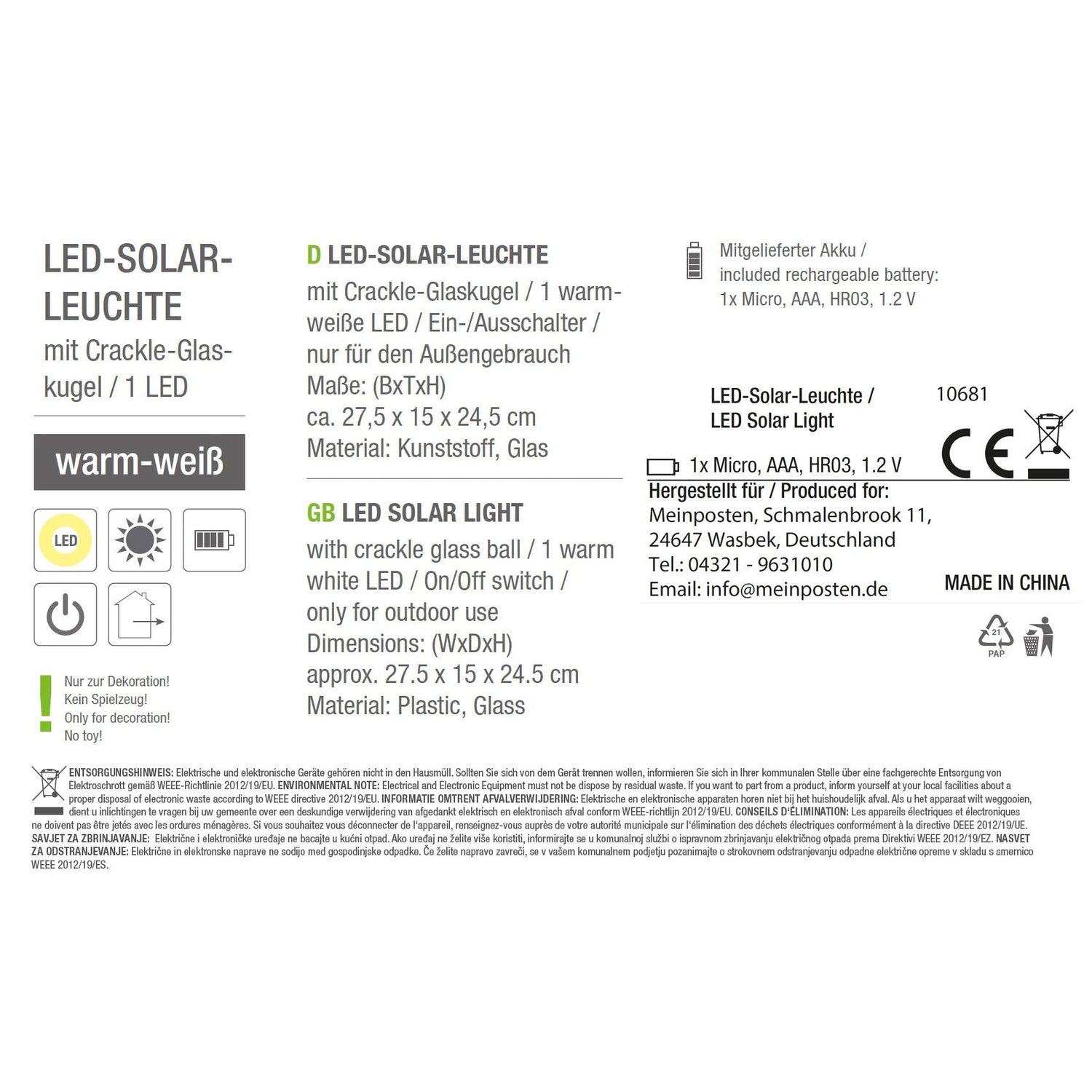 Solar light MALI solar lamp warm white garden balcony lantern