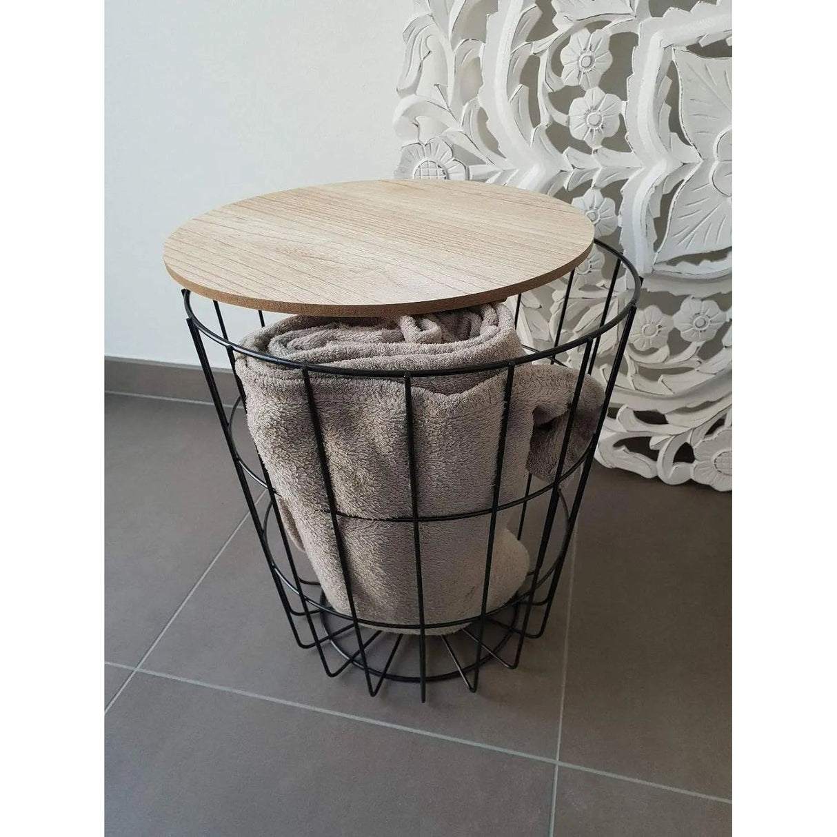 Side table with storage space Ø 39 cm H=41 cm metal/wood bedside table black