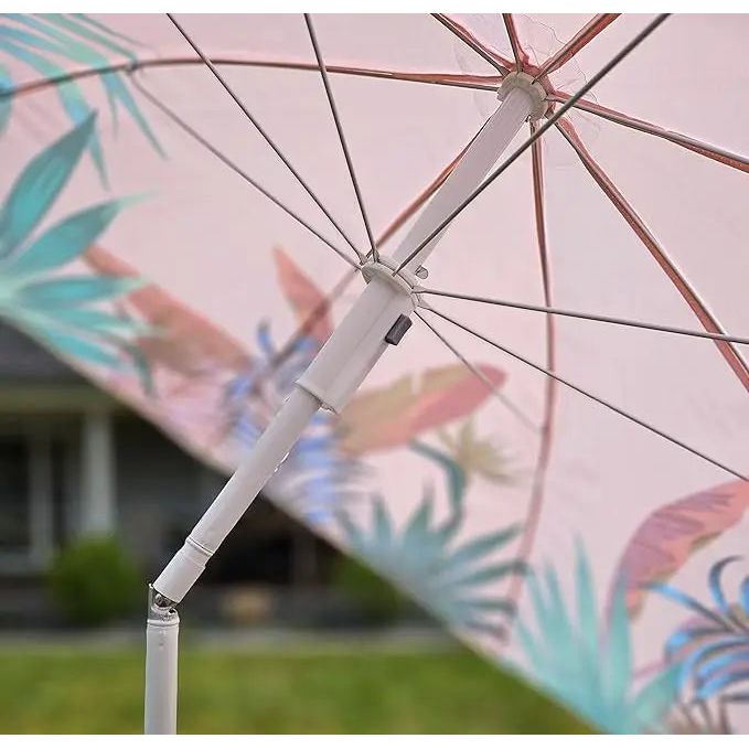 Pink parasol with tropical leaves UV protection UPF 40+ beach umbrella Ø 155