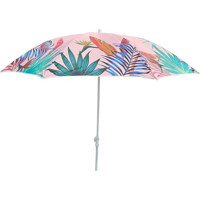 Pink parasol with tropical leaves UV protection UPF 40+ beach umbrella Ø 155