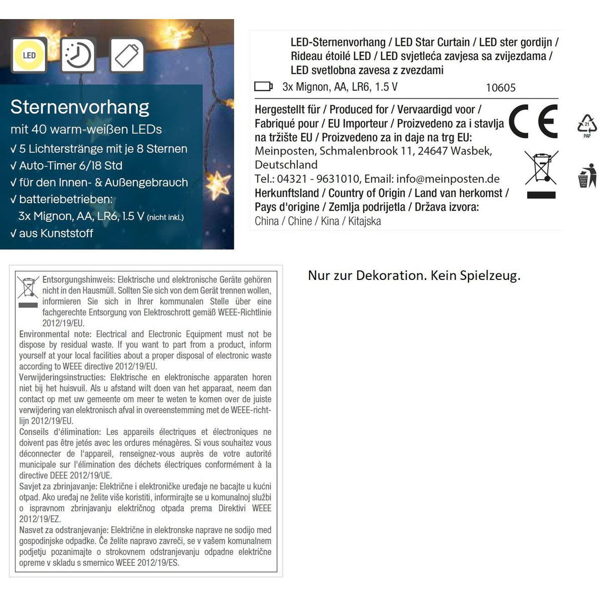 Fairy lights star curtain LED warm white light curtain 80x60cm battery timer