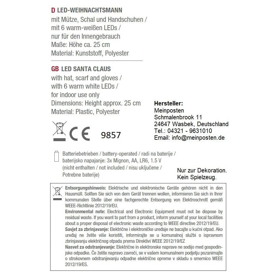 Santa Claus LED scarf & hat lighting warm white height 25 cm