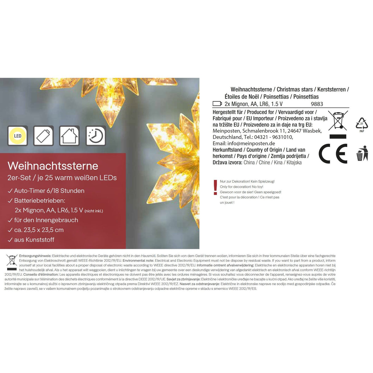 Christmas star LED set of 2 lighting timer warm white fairy lights inside