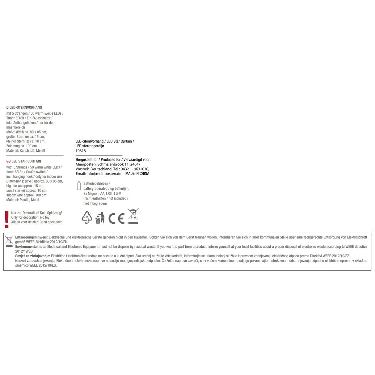 Star curtain light chain LED timer battery 80x85 cm