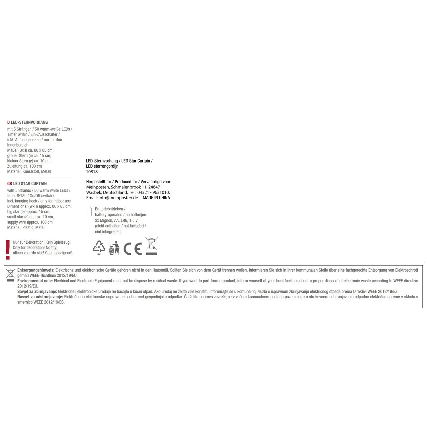 Star curtain light chain LED timer battery 80x85 cm