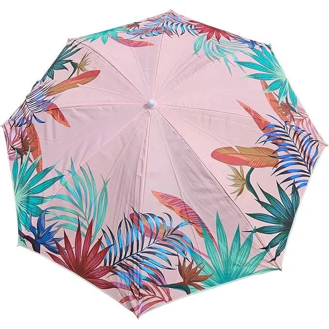 Pink parasol with tropical leaves UV protection UPF 40+ beach umbrella Ø 155