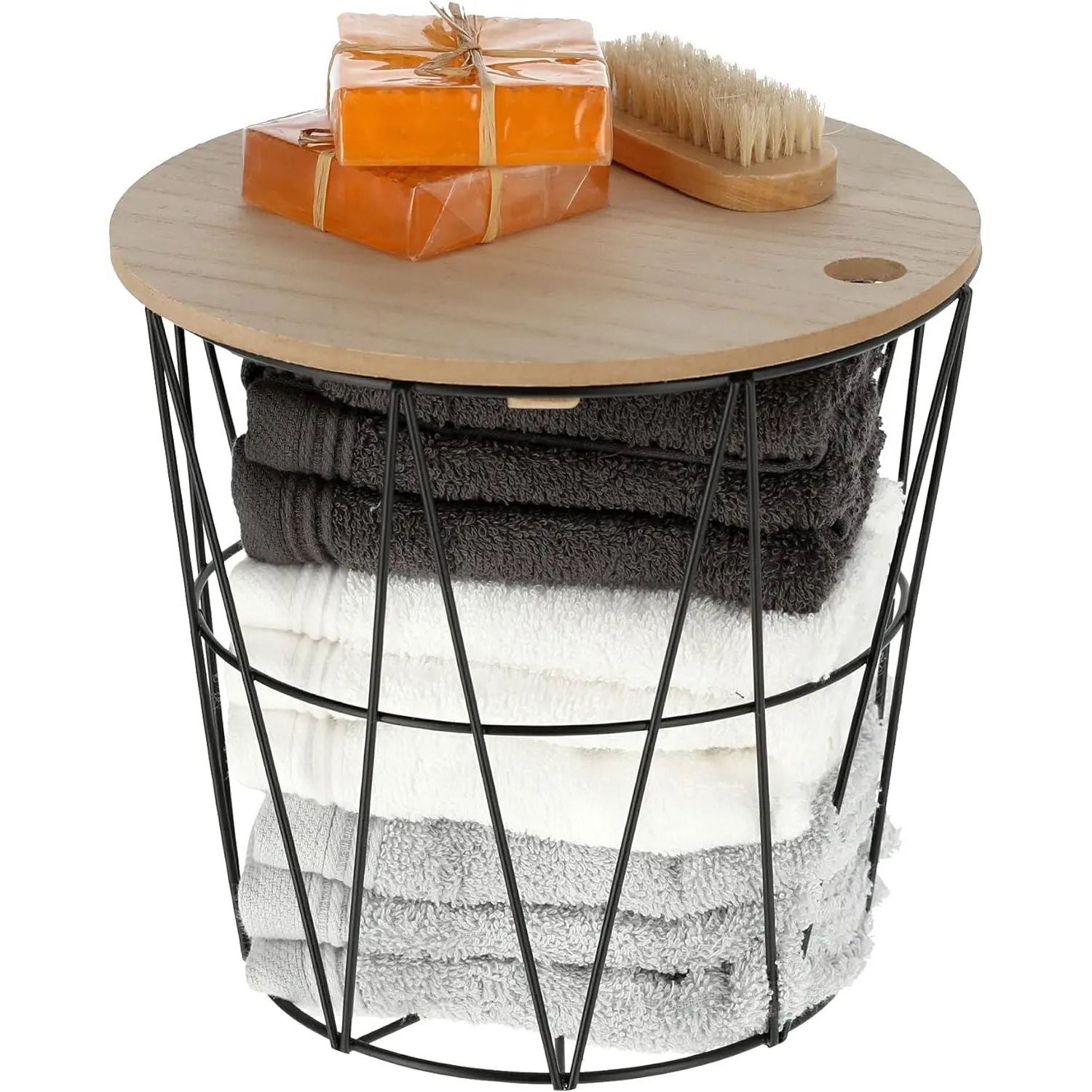 Small side table storage basket mini table basket with lid round black