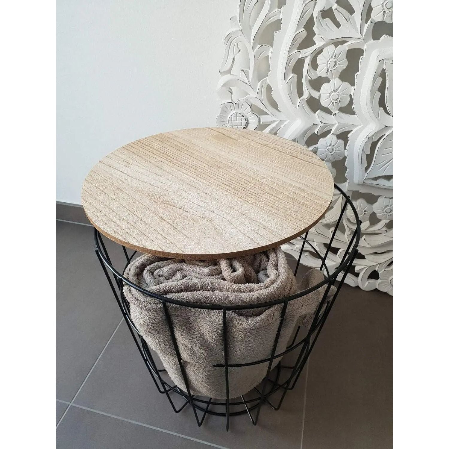 Side table with storage space Ø 39 cm H=41 cm metal/wood bedside table black