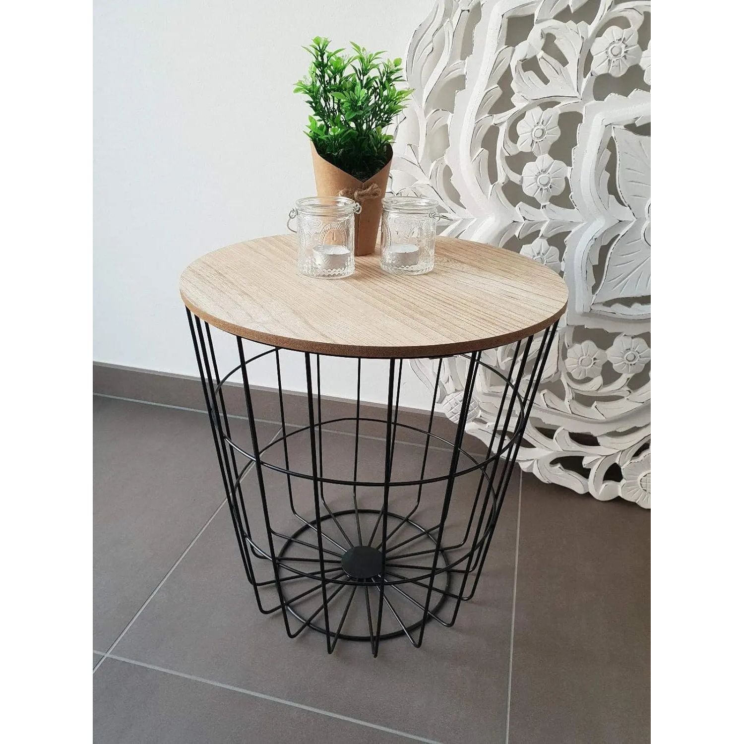 Side table with storage space Ø 39 cm H=41 cm metal/wood bedside table black