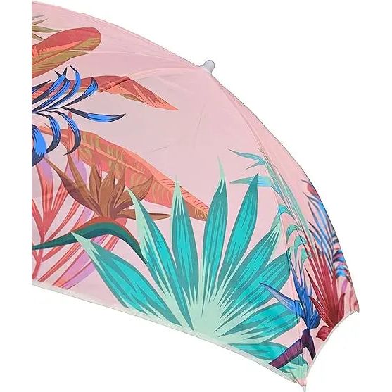 Pink parasol with tropical leaves UV protection UPF 40+ beach umbrella Ø 155
