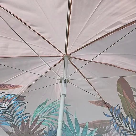 Pink parasol with tropical leaves UV protection UPF 40+ beach umbrella Ø 155