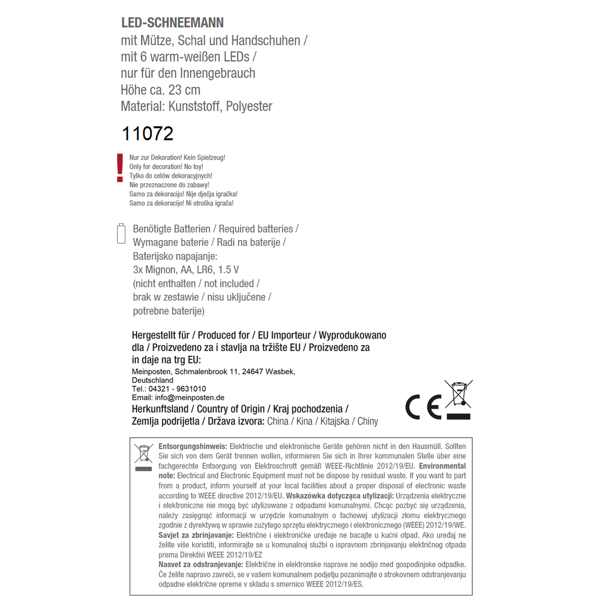 Snowman with warm white LED lighting scarf & hat red Christmas decoration H 20 cm