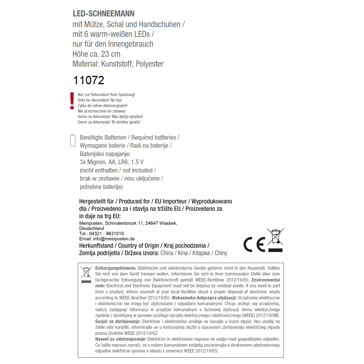 Snowman with warm white LED lighting scarf & hat red Christmas decoration H 20 cm