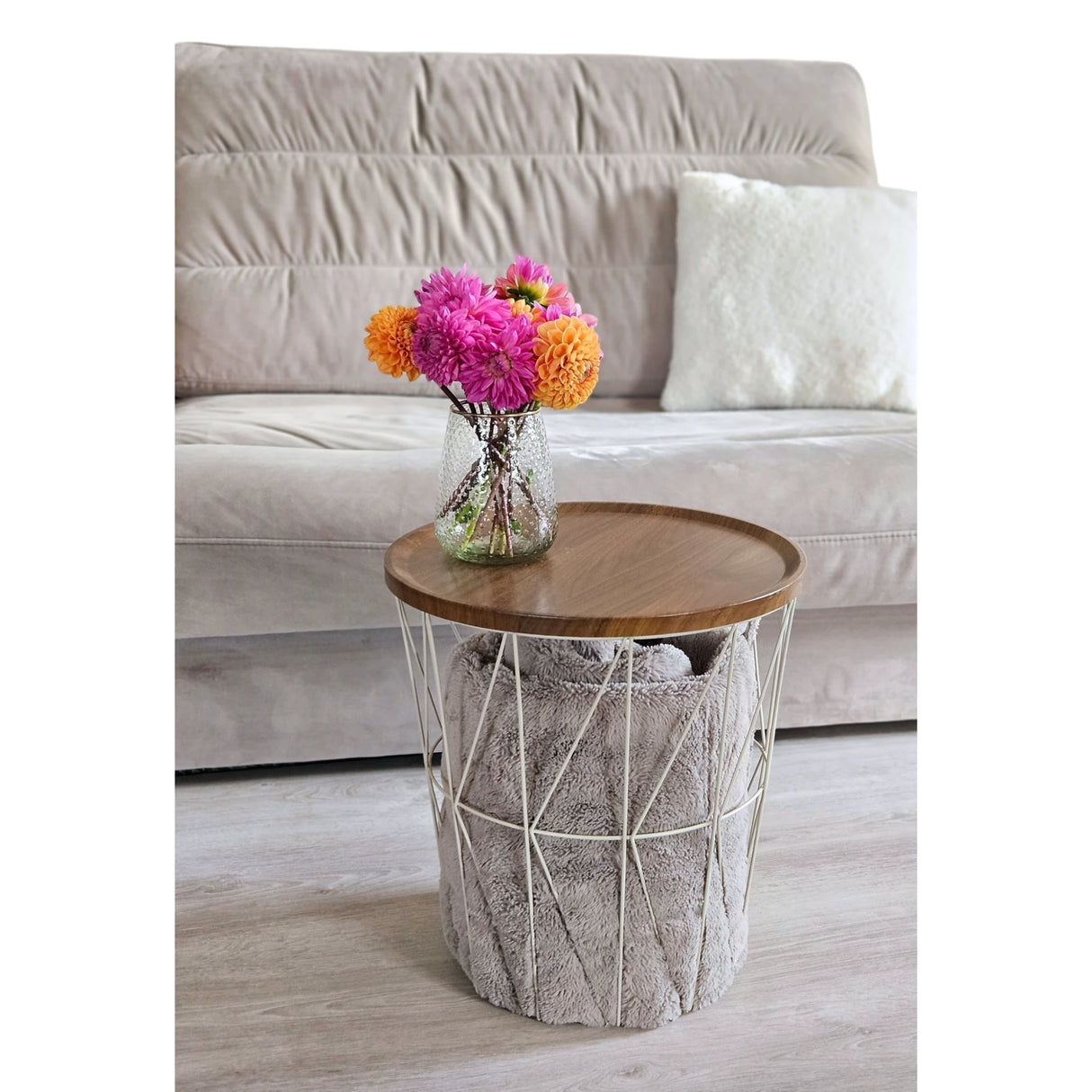 Side table warm grey walnut round coffee table 37x40 cm metal wood