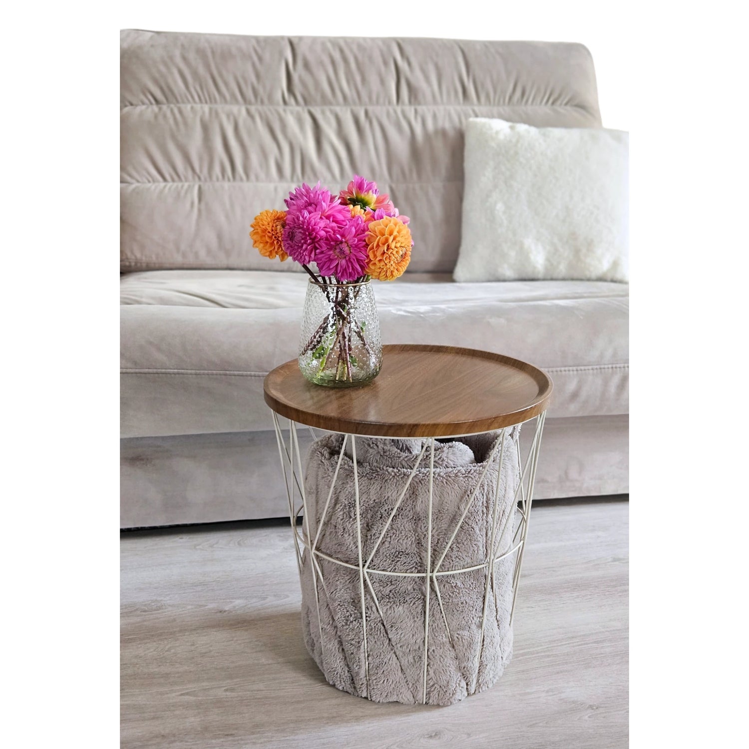Side table warm grey walnut round coffee table 37x40 cm metal wood