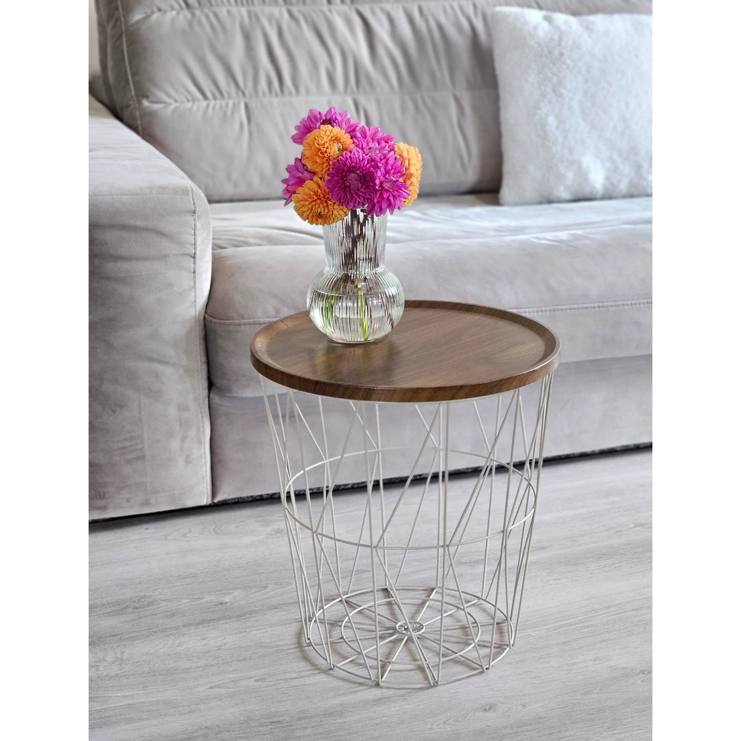 Side table warm grey walnut round coffee table 37x40 cm metal wood