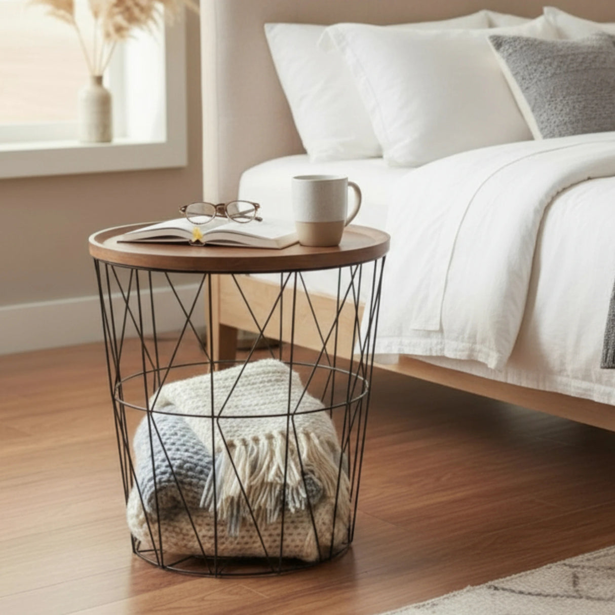 Beistelltisch Couchtisch Stauraumtisch Metalltisch mit Holzplatte Nussbaum schwarz 37x39