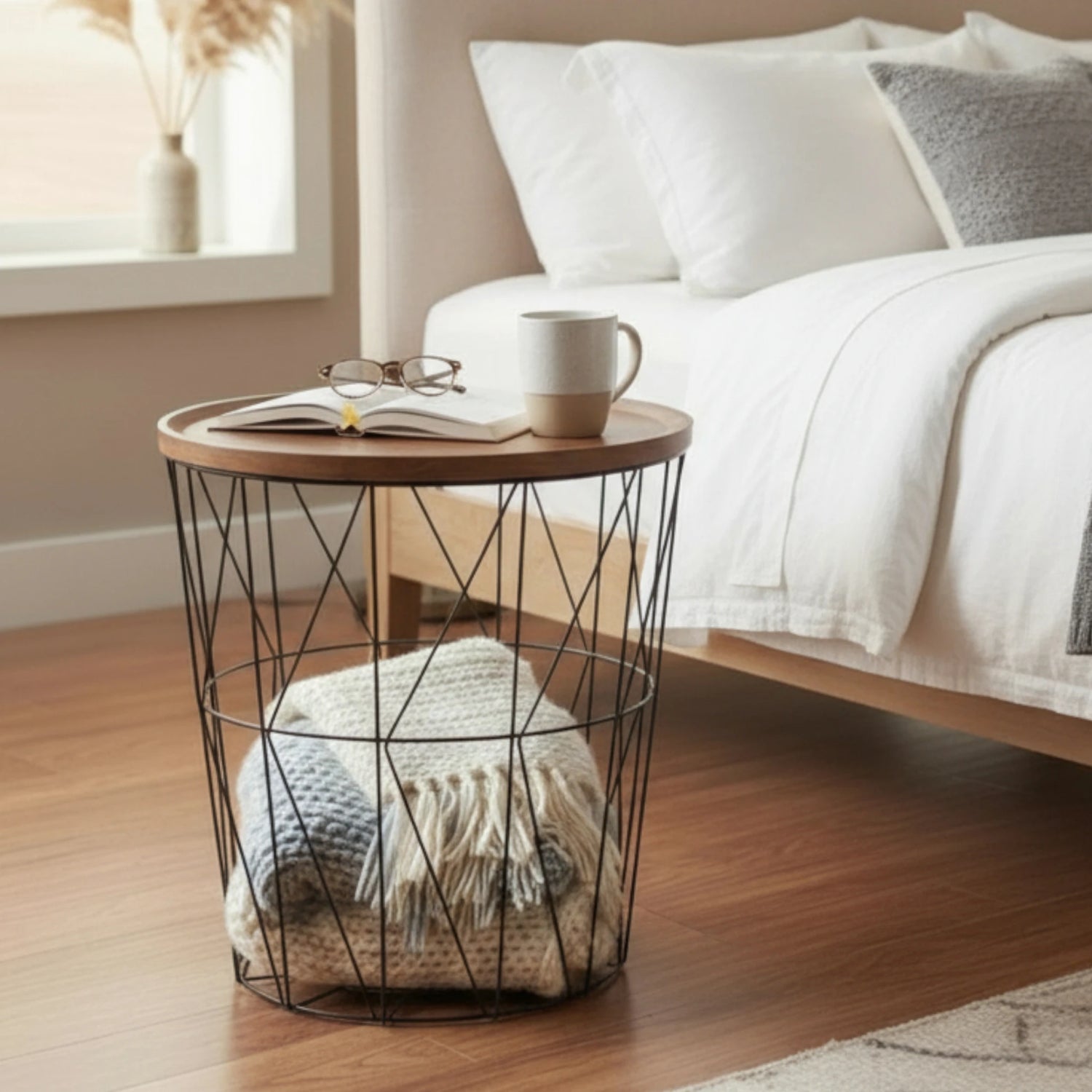 Beistelltisch Couchtisch Stauraumtisch Metalltisch mit Holzplatte Nussbaum schwarz 37x39