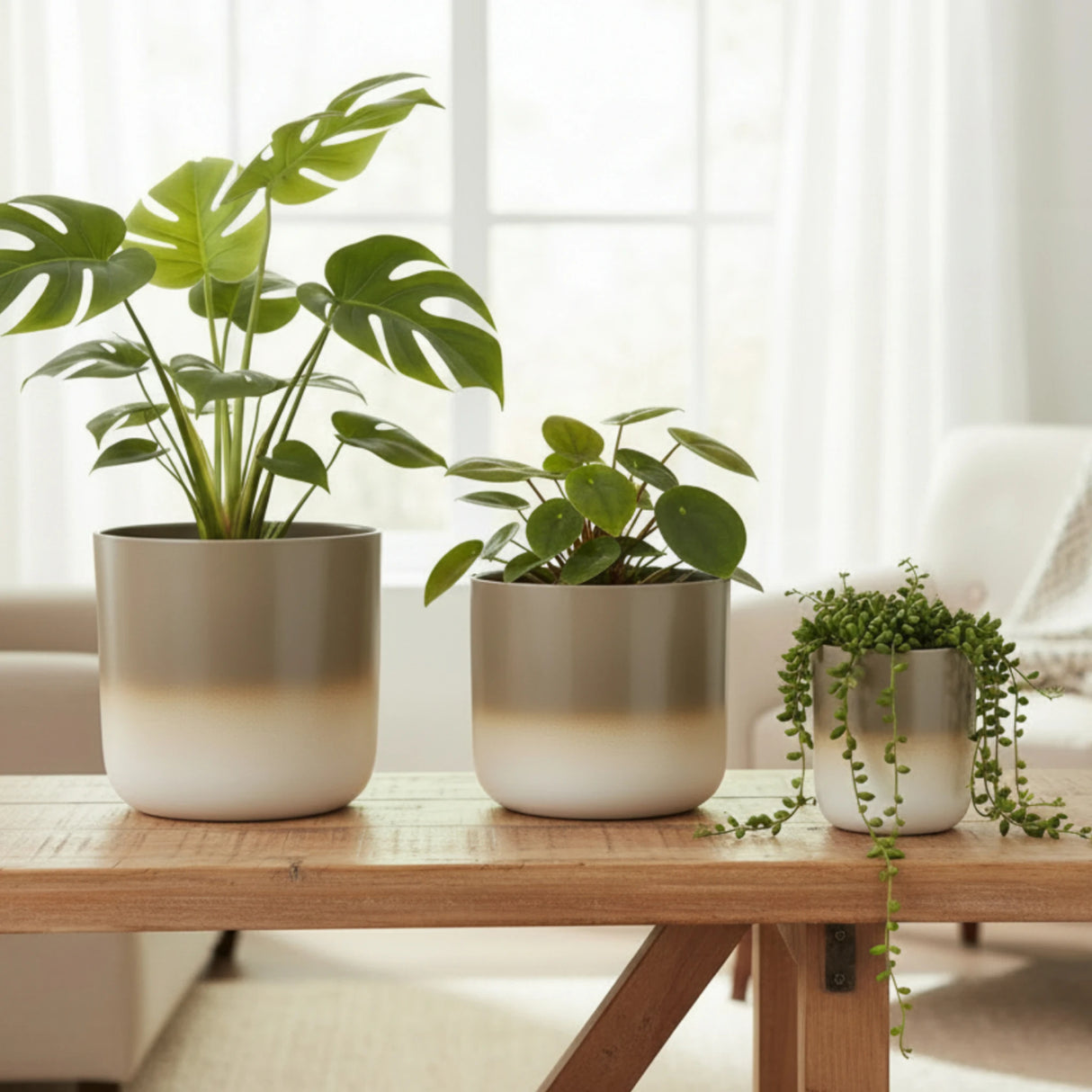 Pflanztopf Übertopf Blumentopf 3er Set Metalltopf creme beige rund Pflanzenübertopf