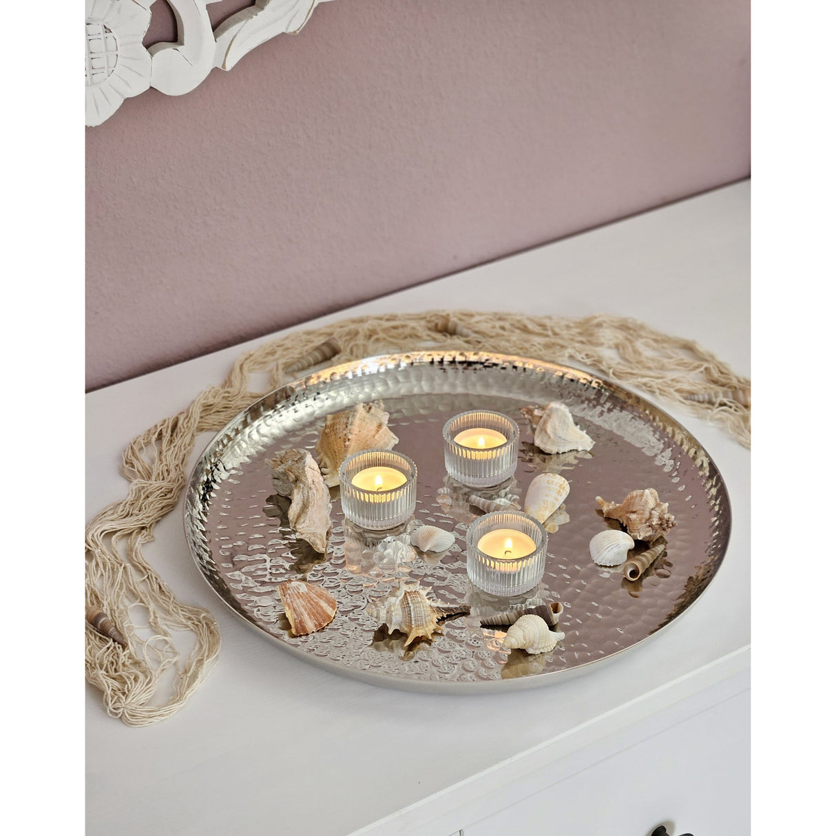 Plate silver metal plate decorative bowl hammered candle plate round 37 cm