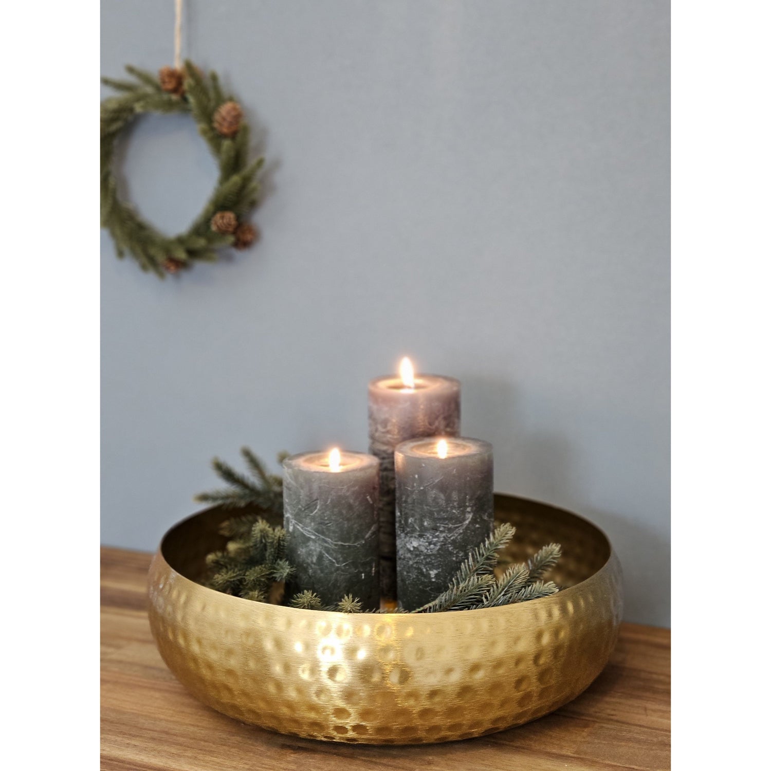 Metal decorative bowl, metal bowl, round, hammered, gold, 35 cm