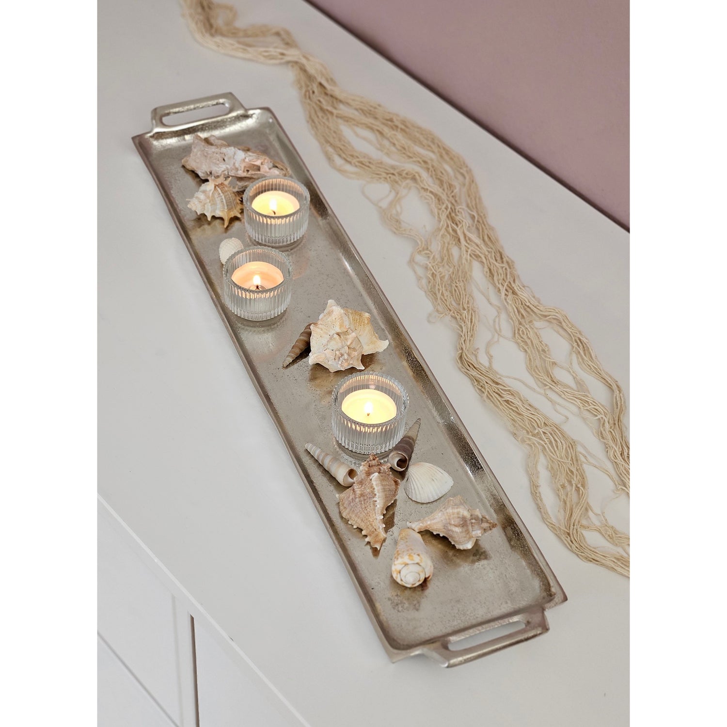 Metal tray serving tray long 59 cm decorative tray silver with handle