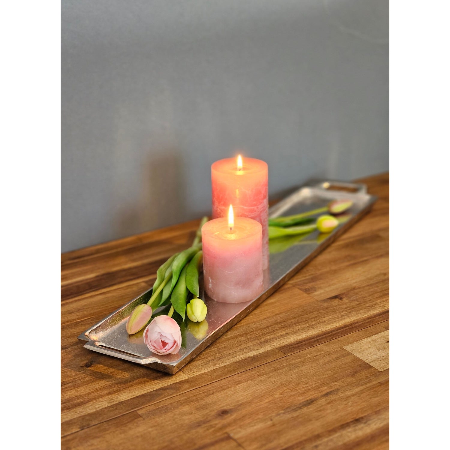 Metal tray serving tray long 59 cm decorative tray silver with handle