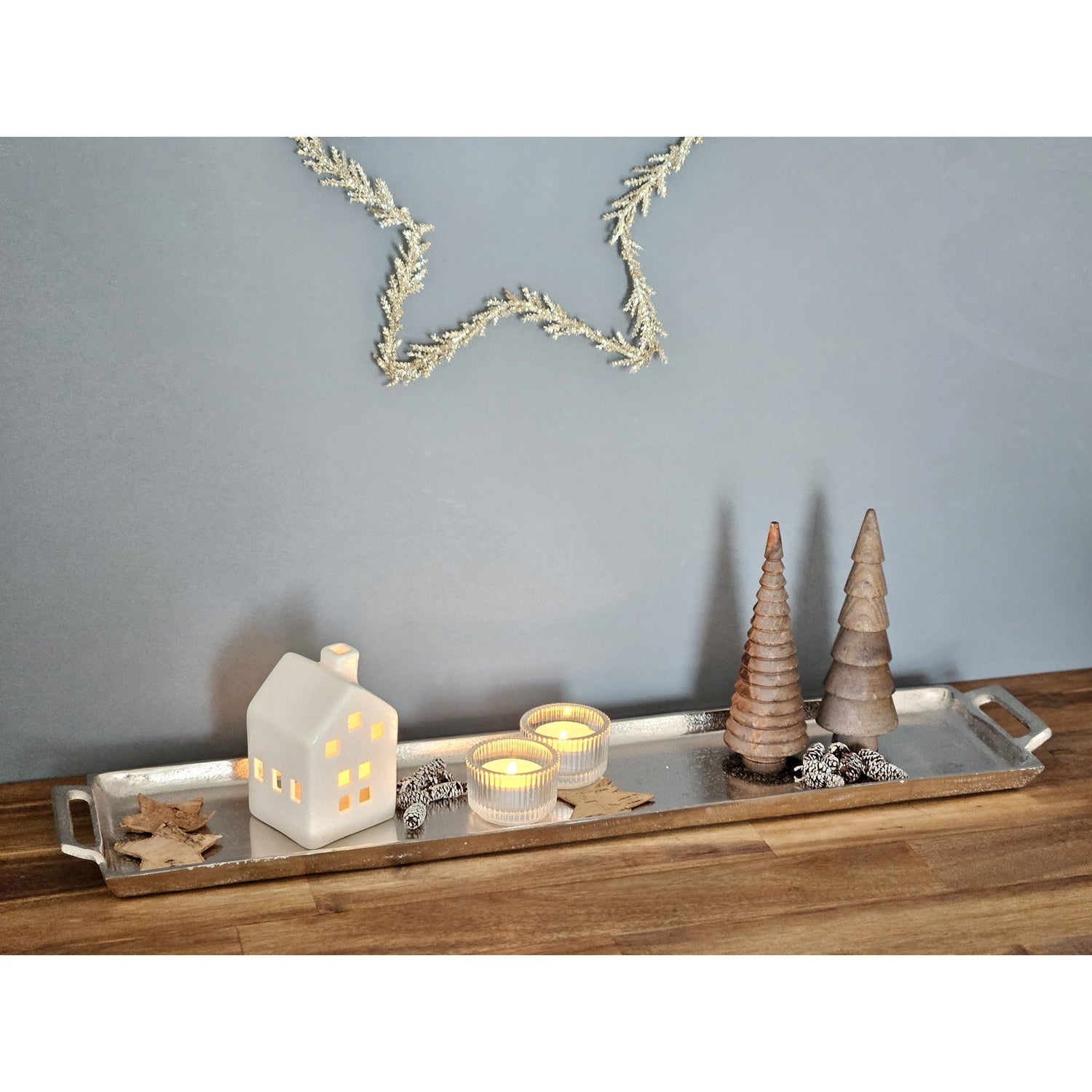 Metal tray serving tray long 59 cm decorative tray silver with handle