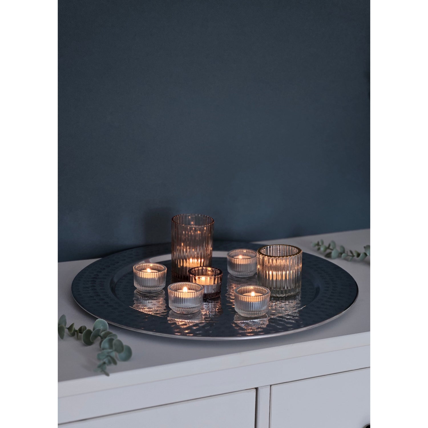 Decorative plate candle tray metal plate XXL 45 cm hammered silver decorative bowl