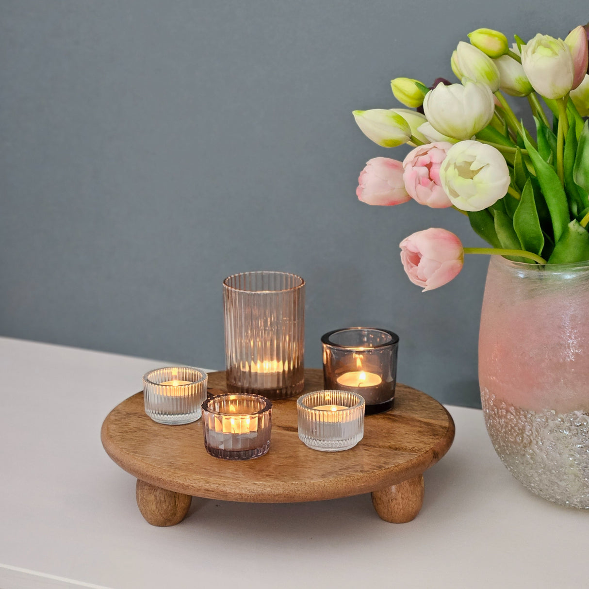 Dekoteller rund auf Füßen Kerzentablett Mangoholz 29 cm Holztablett Blumenhocker Dekorativ