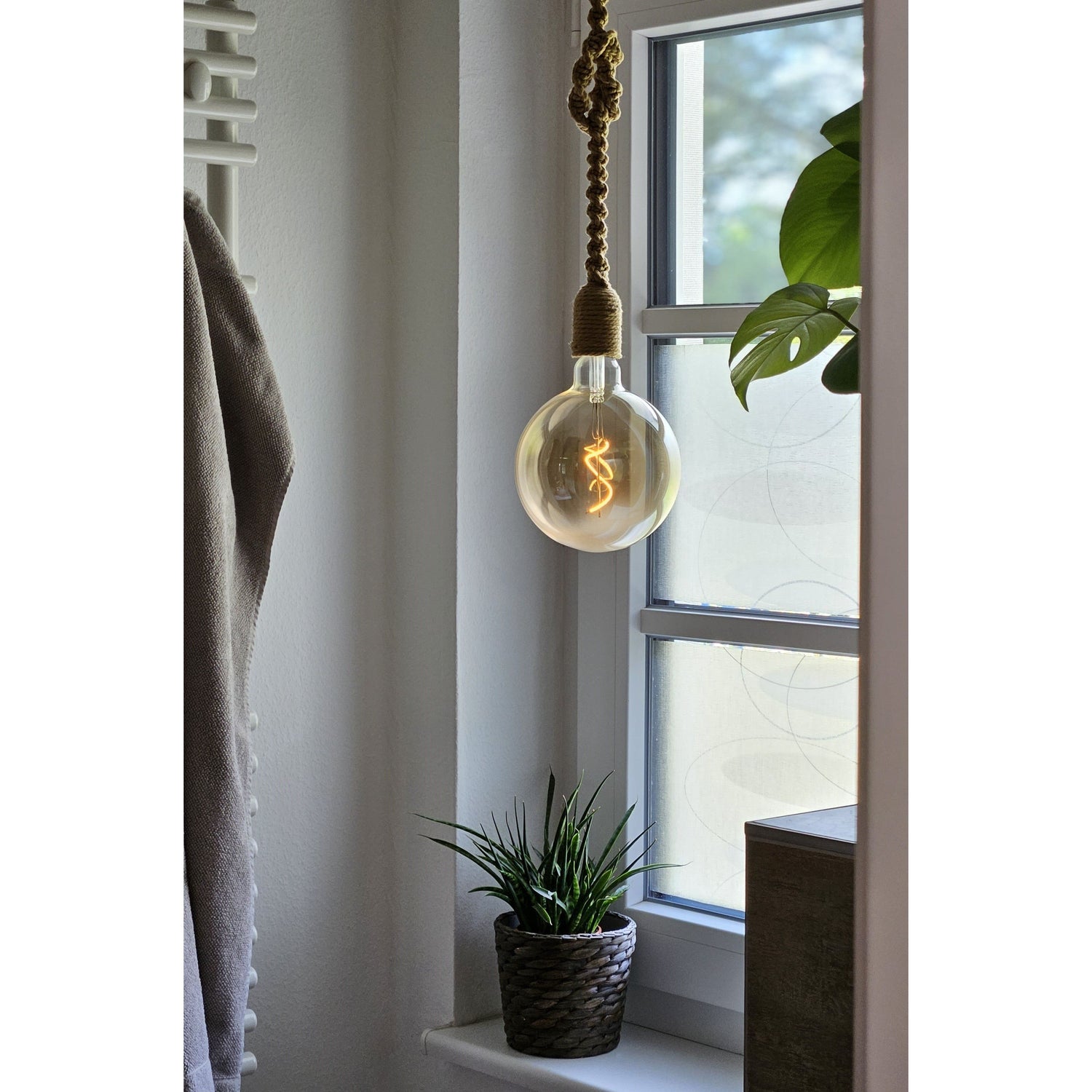 Hanging lamp LED brown rope macrame hanging light timer remote control Ø15cm lamp