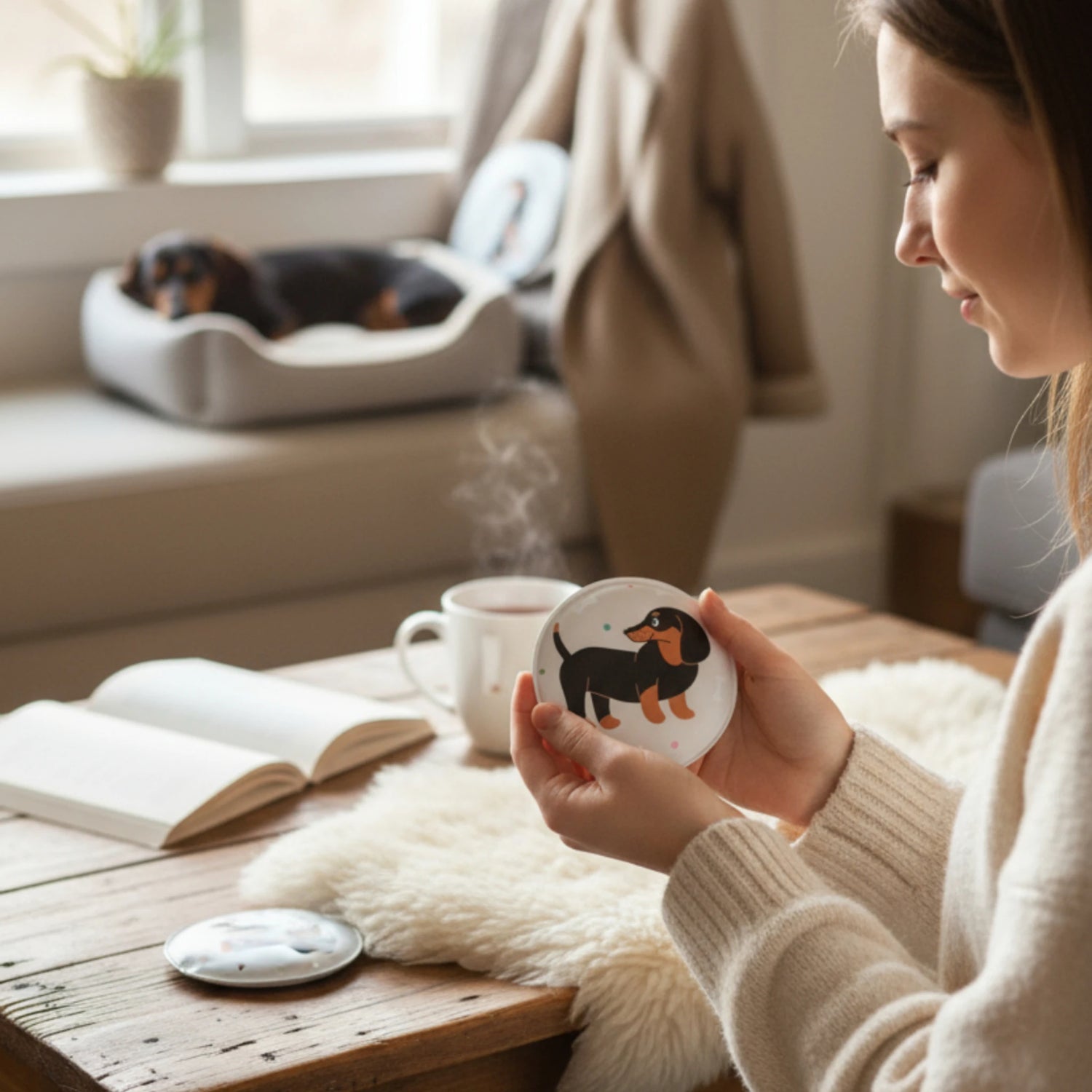 Taschenwärmer Handwärmer Hund Dackel 4er Set wiederverwendbar Wärmekissen