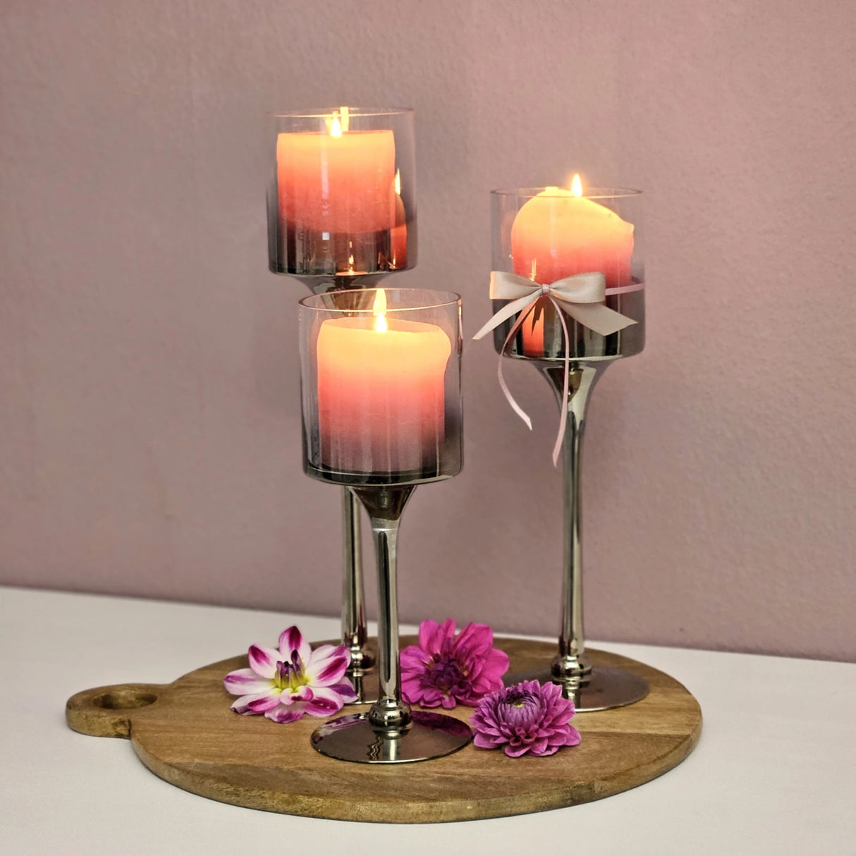 Kerzenleuchter aus Glas 3er Set Kerzenglas Windlicht Weihnachten silber Stumpenkerzen