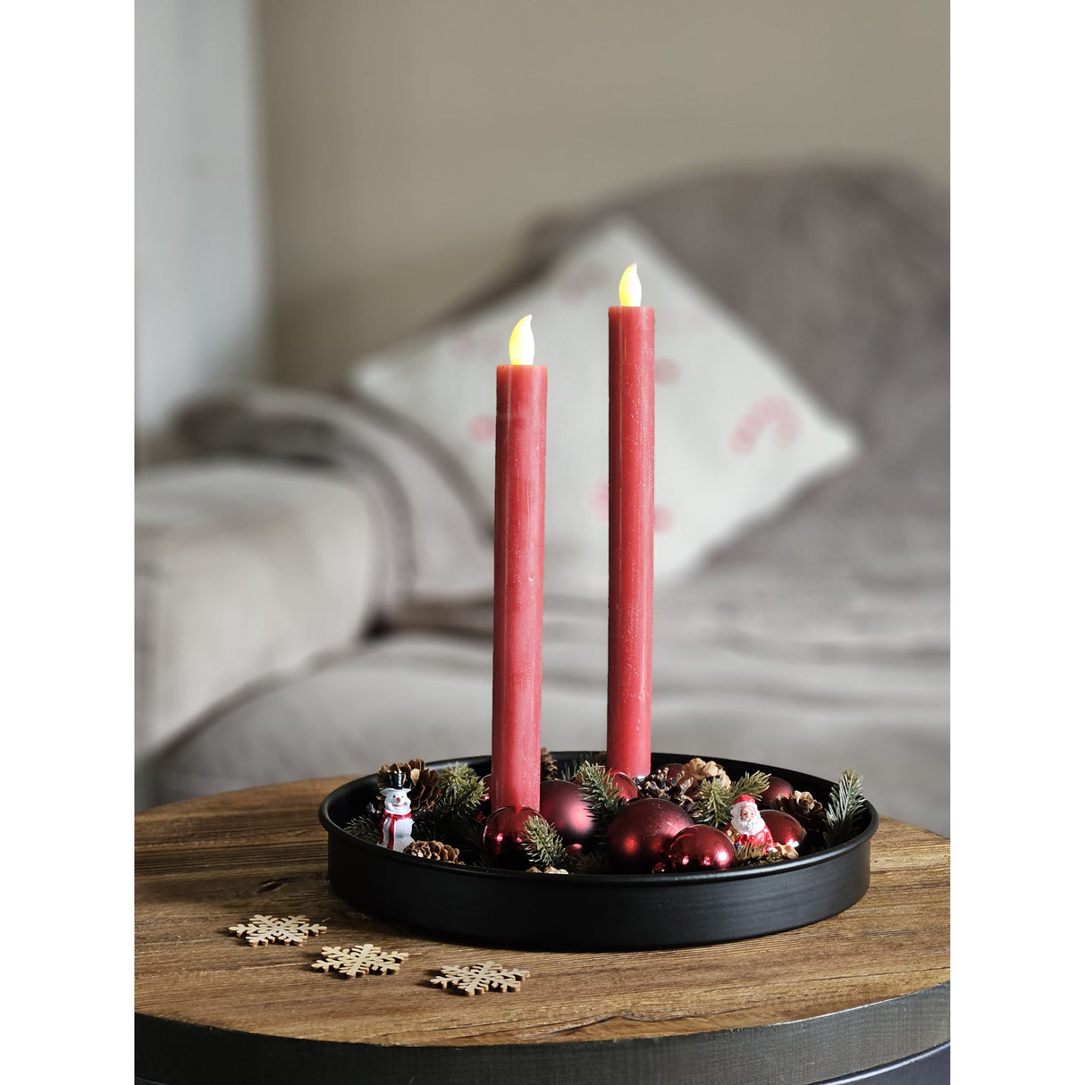 Candle LED set of 2 battery operated warm white flickering stick candles cream red wax