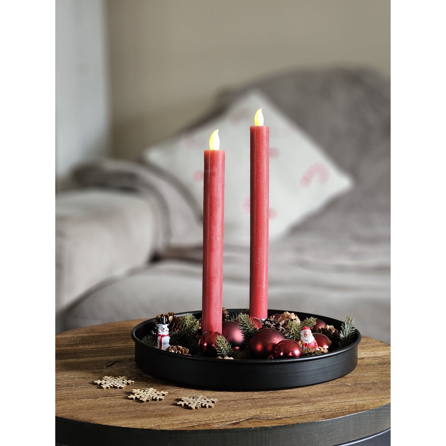 Candle LED set of 2 battery operated warm white flickering stick candles cream red wax