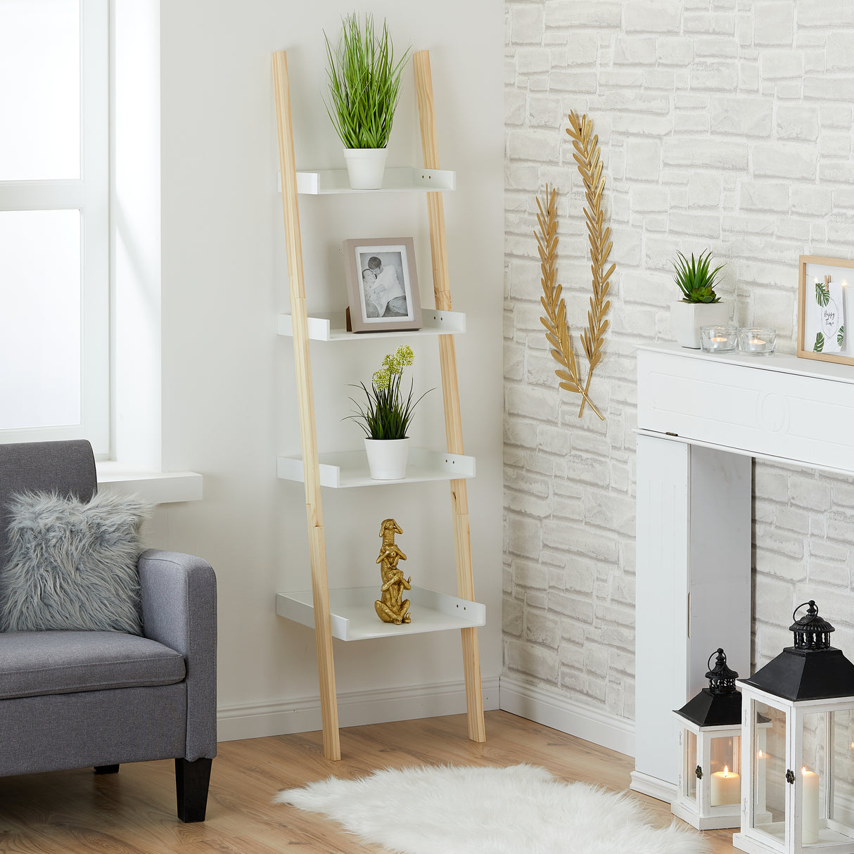 Ladder shelf bookcase wooden shelf 4 shelves white brown storage shelf