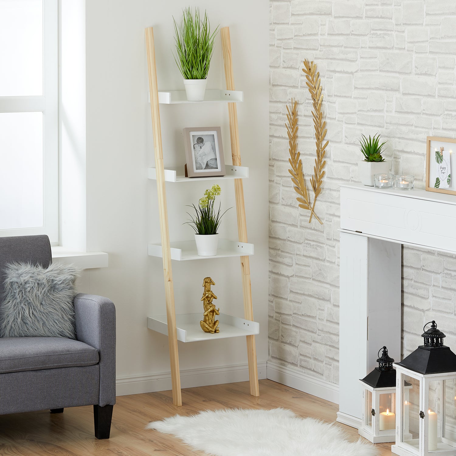 Ladder shelf bookcase wooden shelf 4 shelves white brown storage shelf