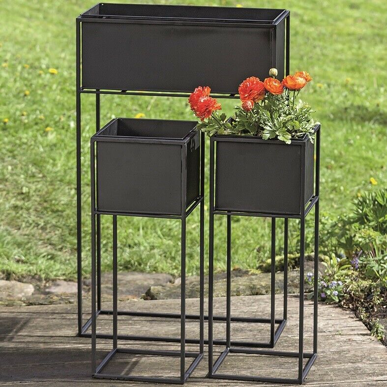 Planter black metal iron set of 3 flower box herb box raised bed